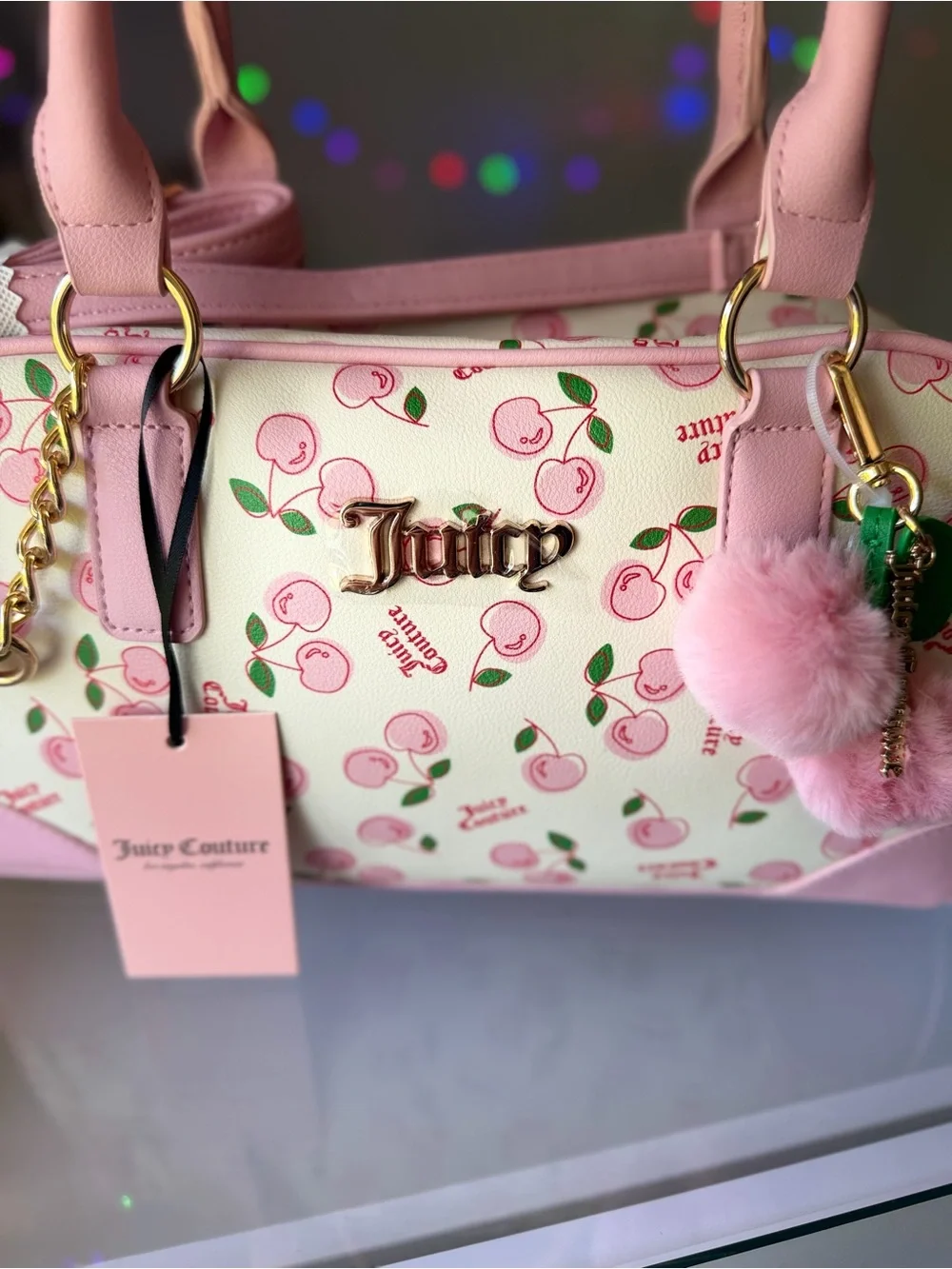 Juicy Couture Cherry Girl Satchel Bag White Pink Gold Faux Fur Charm Viral Y2k